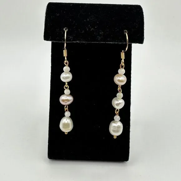 2.5” freshwater pearl, moonstone beaded, gold over 925 hook dangle earrings! - Picture 1 of 15